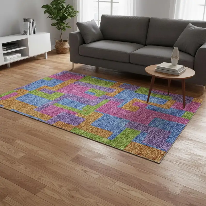 Purple Pink And Green Abstract Geometric Washable Area Rug With UV Protection Photo 2