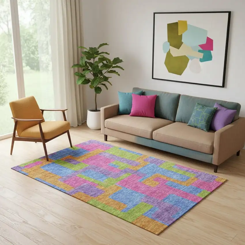Purple Pink And Green Abstract Geometric Washable Area Rug With UV Protection Photo 1