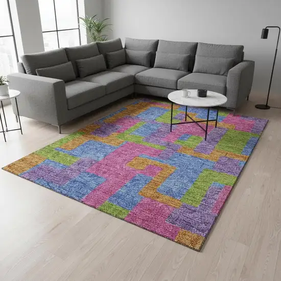 Purple Pink And Green Abstract Geometric Washable Area Rug With UV Protection Photo 2