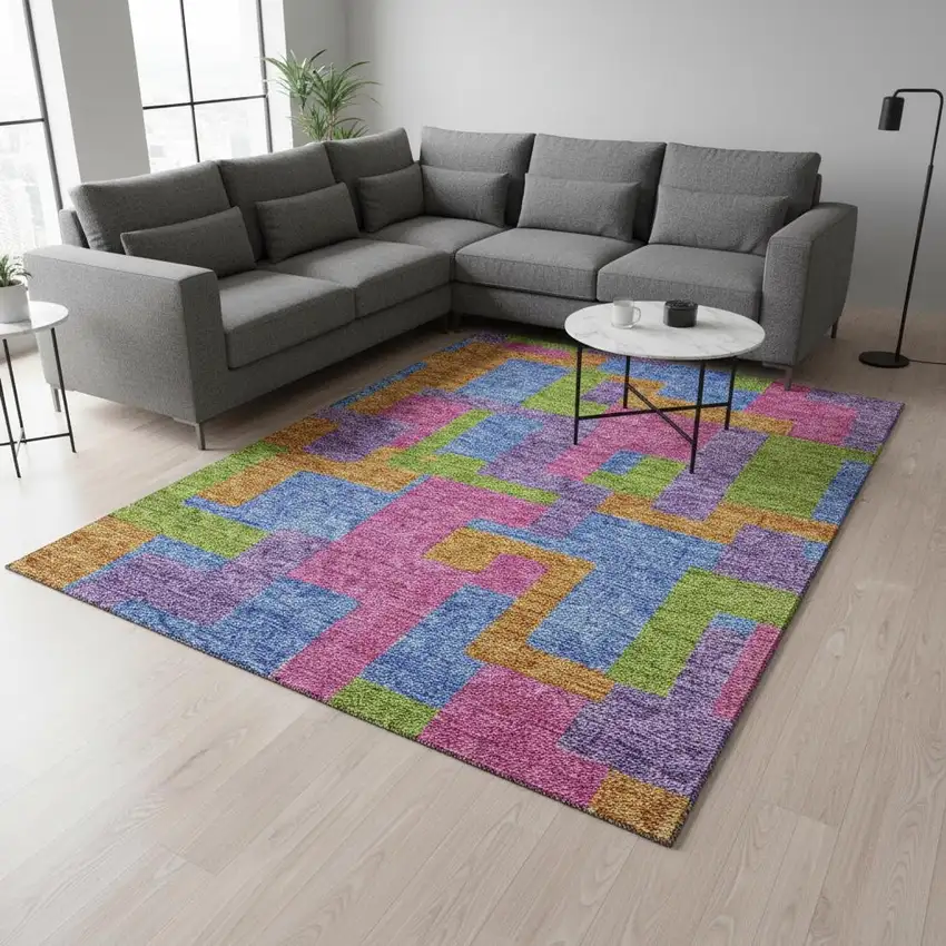 Purple Pink And Green Abstract Geometric Washable Area Rug With UV Protection Photo 2