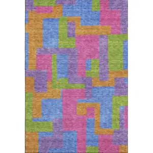 Photo of Purple Pink And Green Abstract Geometric Washable Area Rug With UV Protection