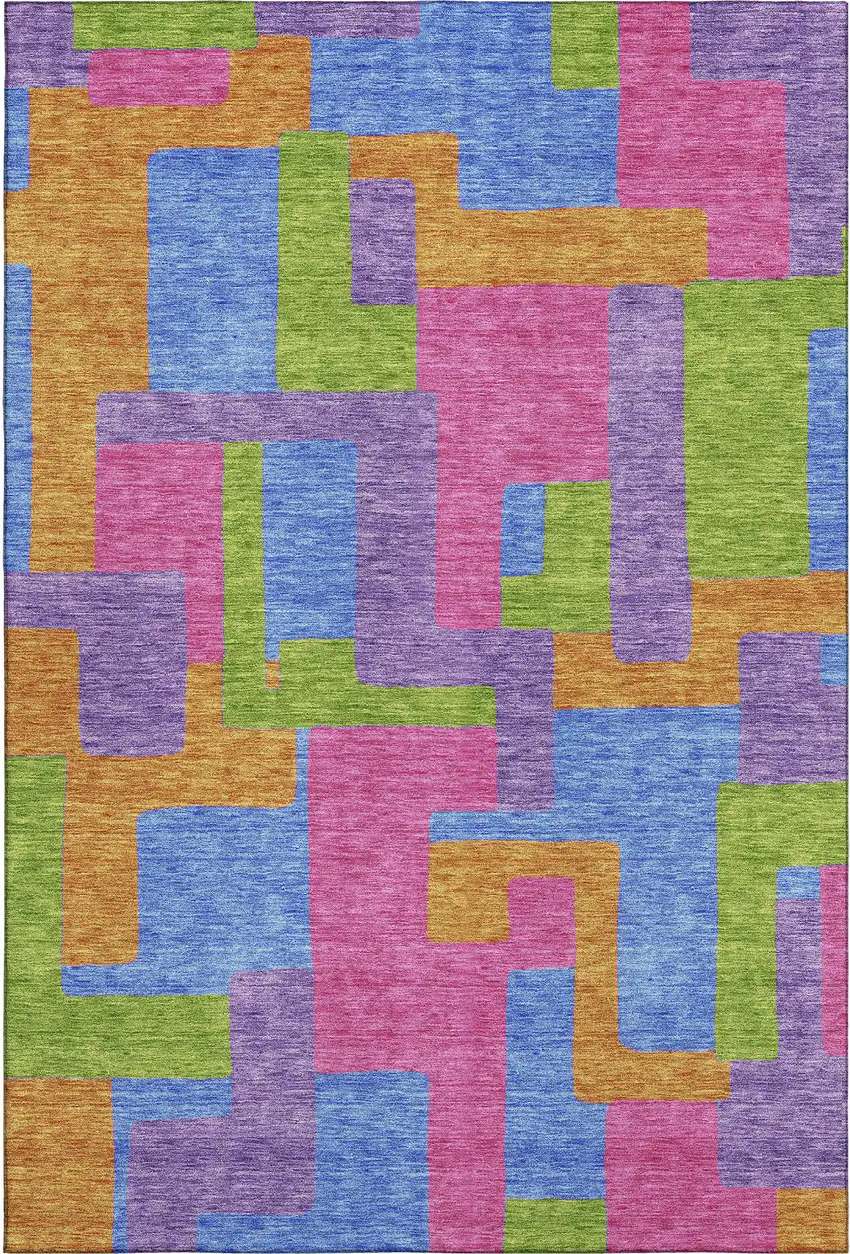 Purple Pink And Green Abstract Geometric Washable Area Rug With UV Protection Photo 1