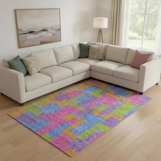 Purple Pink And Green Abstract Geometric Washable Area Rug With UV Protection Photo 1