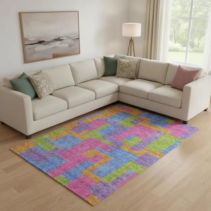 Purple Pink And Green Abstract Geometric Washable Area Rug With UV Protection Photo 1