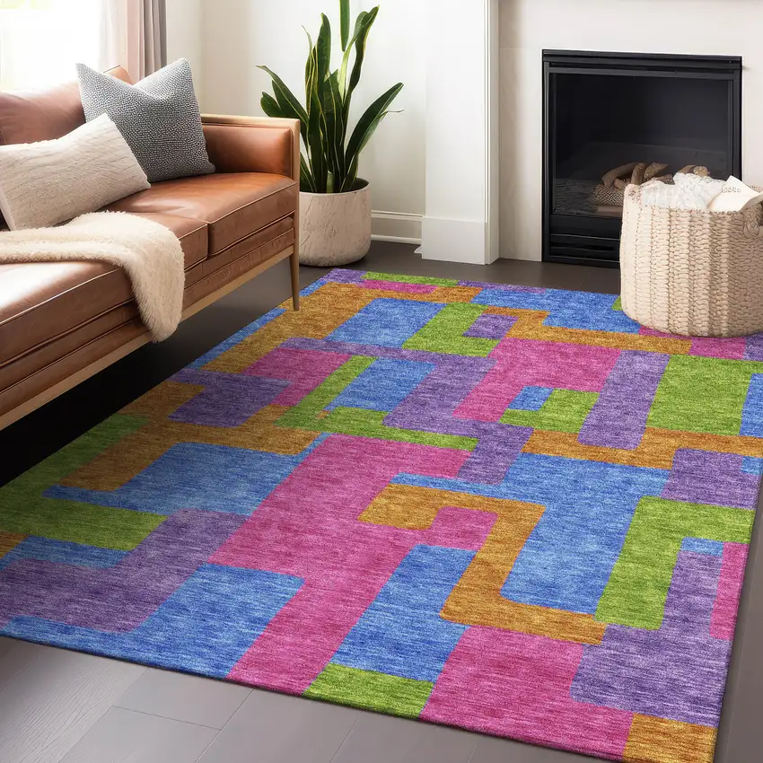 Purple Pink And Green Abstract Geometric Washable Area Rug With UV Protection Photo 6