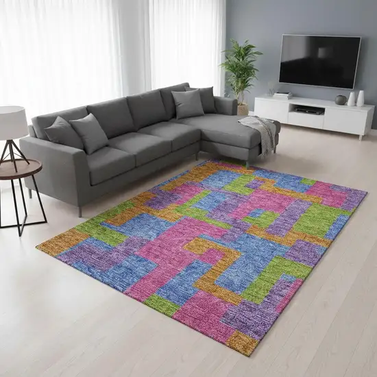 Purple Pink And Green Abstract Geometric Washable Area Rug With UV Protection Photo 2