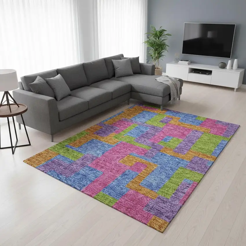 Purple Pink And Green Abstract Geometric Washable Area Rug With UV Protection Photo 2