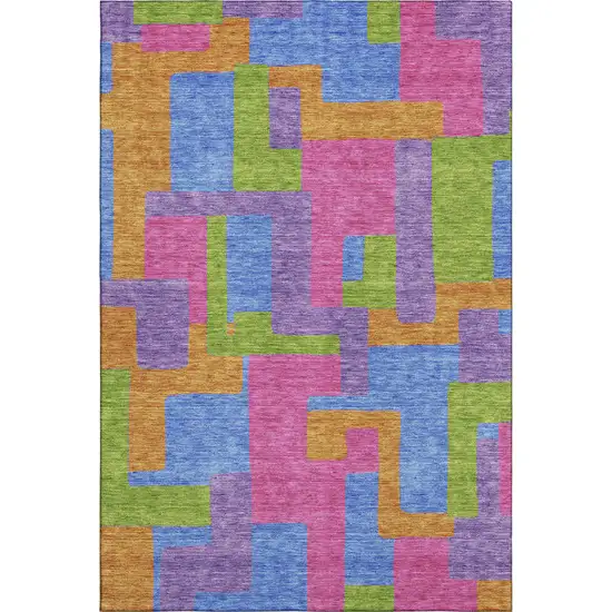 Purple Pink And Green Abstract Geometric Washable Area Rug With UV Protection Photo 1