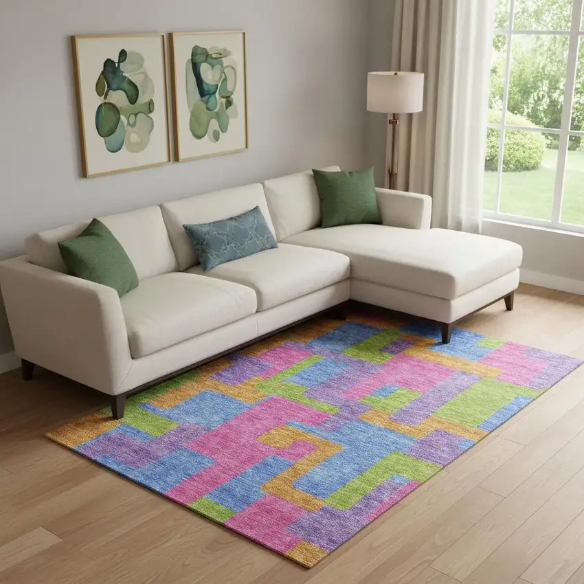 Purple Pink And Green Abstract Geometric Washable Area Rug With UV Protection Photo 1