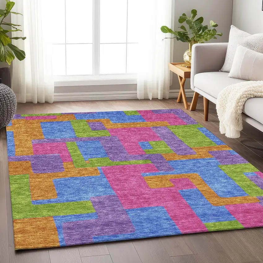 Purple Pink And Green Abstract Geometric Washable Area Rug With UV Protection Photo 5