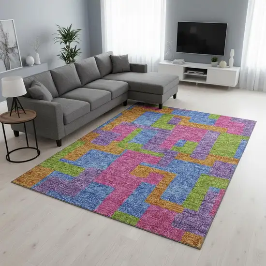 Purple Pink And Green Abstract Geometric Washable Area Rug With UV Protection Photo 2