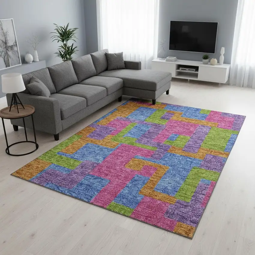 Purple Pink And Green Abstract Geometric Washable Area Rug With UV Protection Photo 2