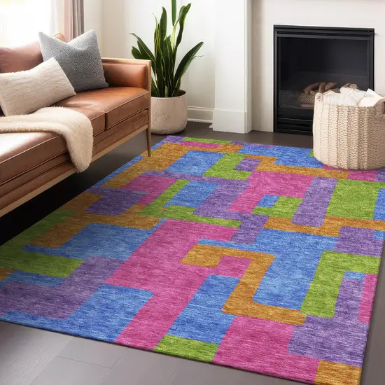 Purple Pink And Green Abstract Geometric Washable Area Rug With UV Protection Photo 6