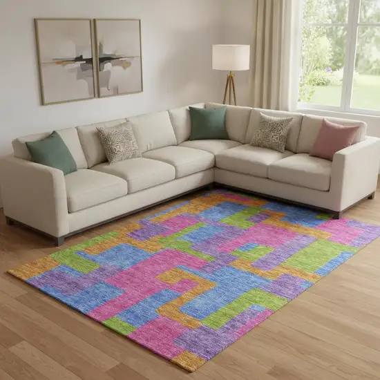 Purple Pink And Green Abstract Geometric Washable Area Rug With UV Protection Photo 1