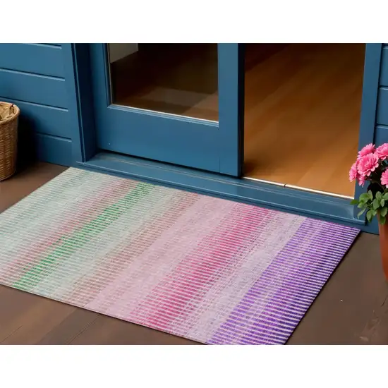 Purple Pink And Green Striped Washable Indoor Outdoor Area Rug Photo 1