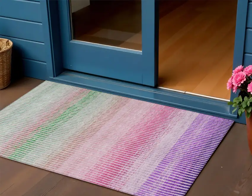 Purple Pink And Green Striped Washable Indoor Outdoor Area Rug Photo 1
