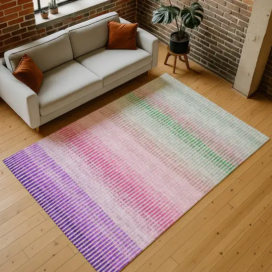 Purple Pink And Green Striped Washable Indoor Outdoor Area Rug Photo 8