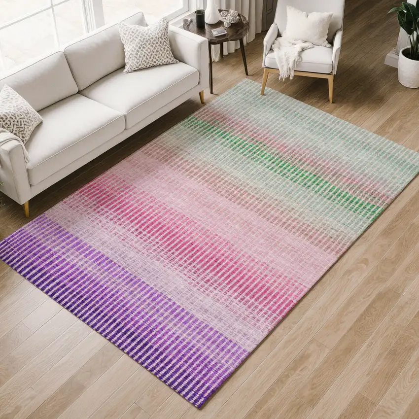 Purple Pink And Green Striped Washable Indoor Outdoor Area Rug Photo 7