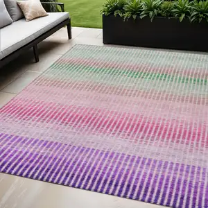 Photo of Purple Pink And Green Striped Washable Indoor Outdoor Area Rug