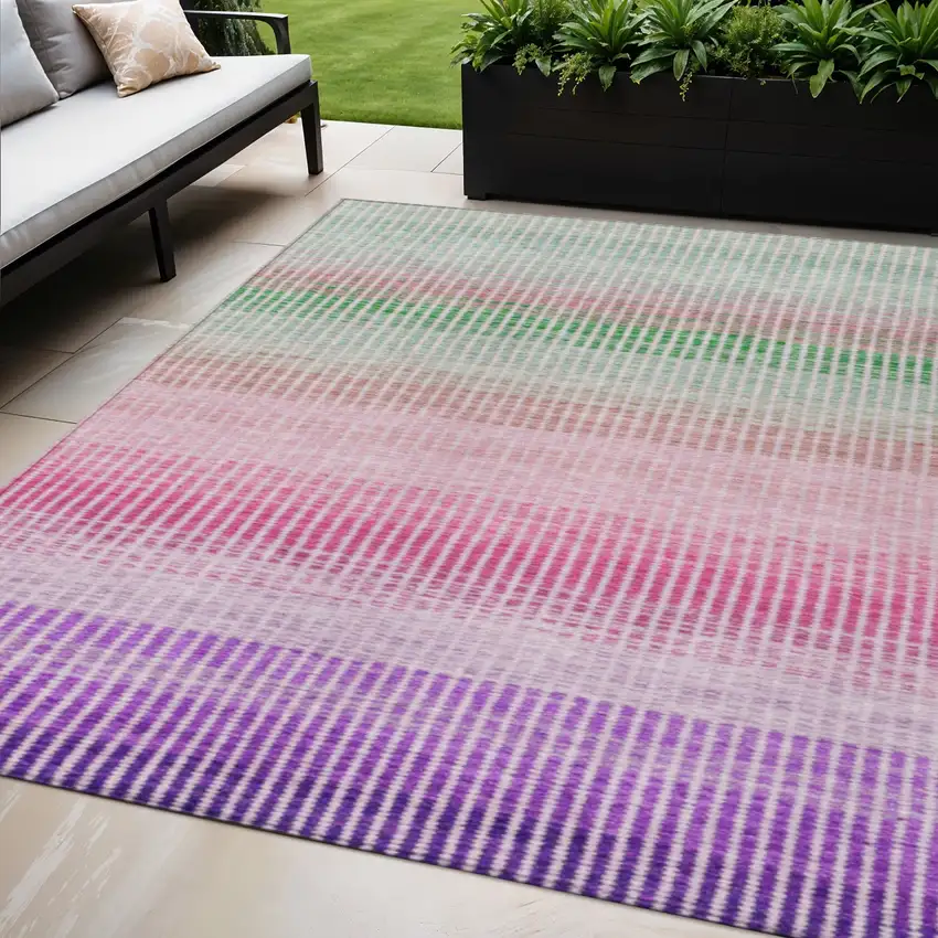 Purple Pink And Green Striped Washable Indoor Outdoor Area Rug Photo 1