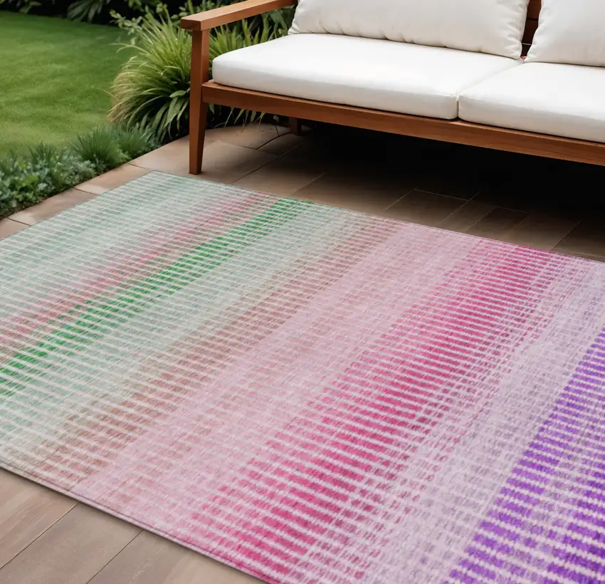 Purple Pink And Green Striped Washable Indoor Outdoor Area Rug Photo 1