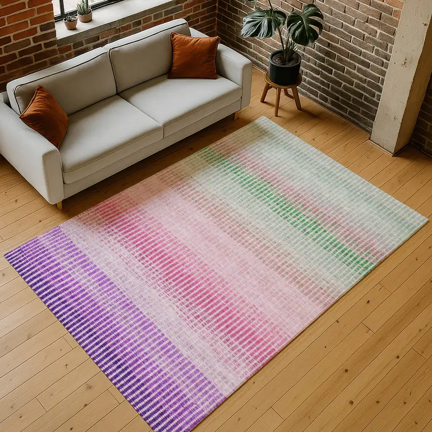 Purple Pink And Green Striped Washable Indoor Outdoor Area Rug Photo 7