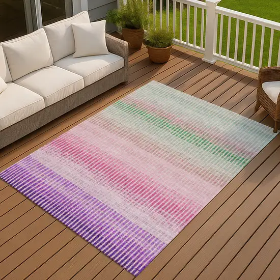 Purple Pink And Green Striped Washable Indoor Outdoor Area Rug Photo 5