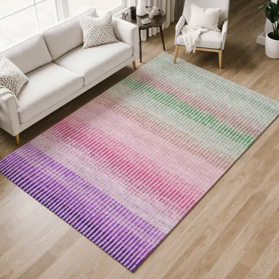 Purple Pink And Green Striped Washable Indoor Outdoor Area Rug Photo 7