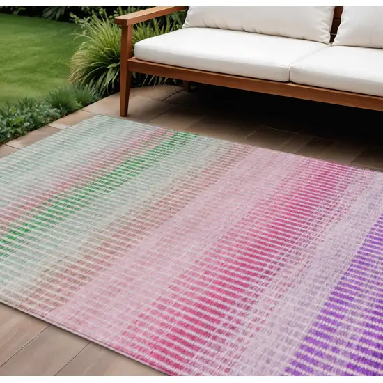 Purple Pink And Green Striped Washable Indoor Outdoor Area Rug Photo 1