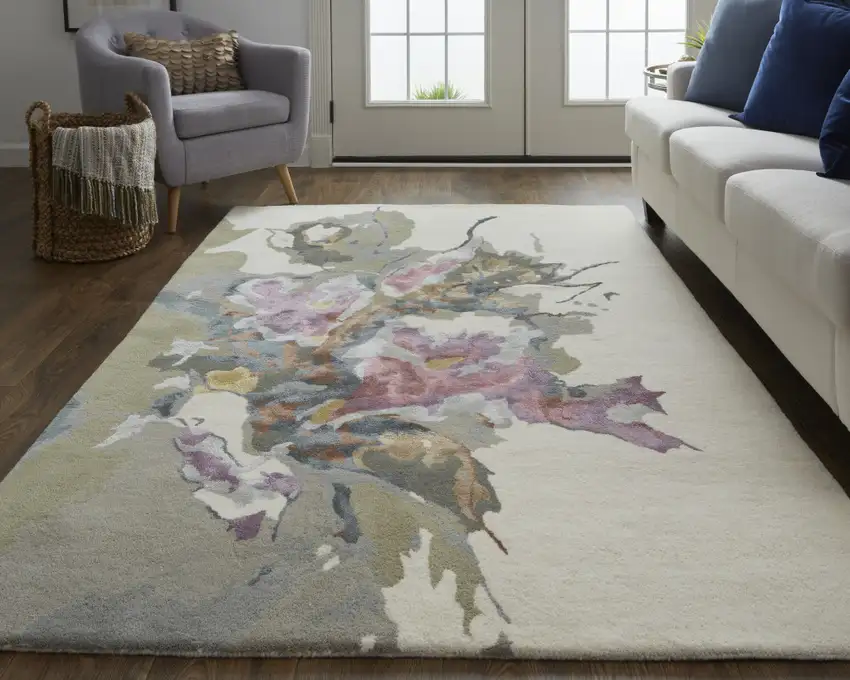 Purple Pink And Green Wool Floral Tufted Handmade Area Rug Photo 6