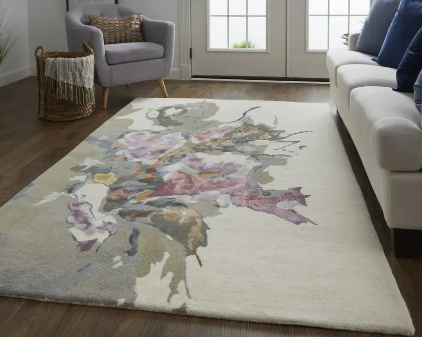 Purple Pink And Green Wool Floral Tufted Handmade Area Rug Photo 7