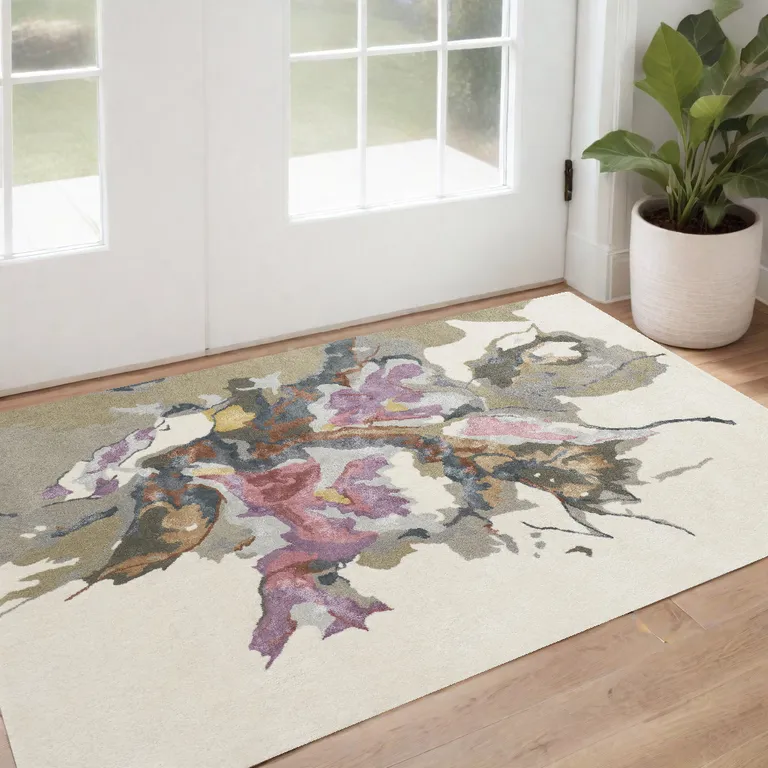 Purple Pink And Green Wool Floral Tufted Handmade Area Rug Photo 2