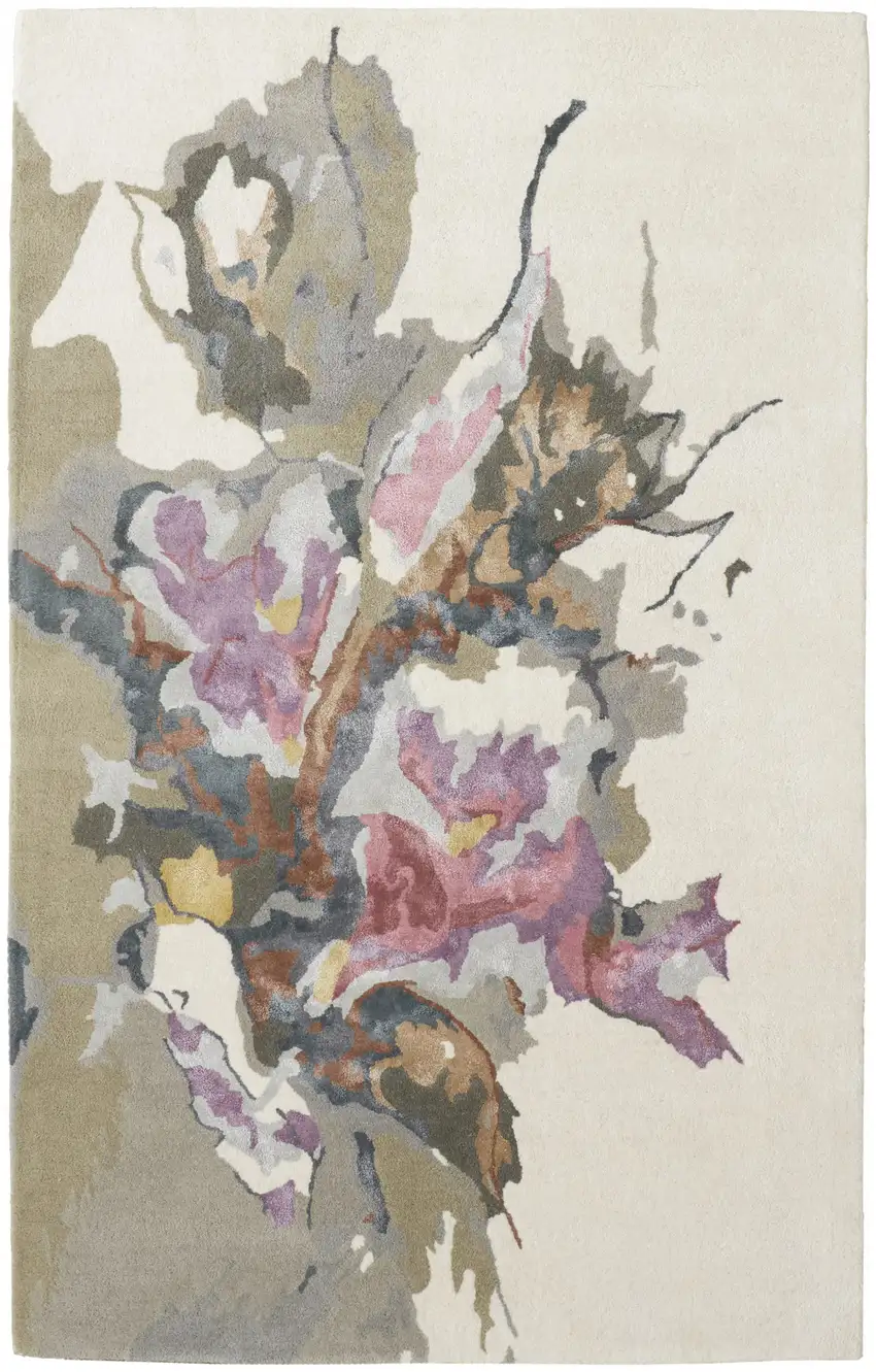 Pink and Green Wool Floral Hand Tufted Area Rug Photo 2