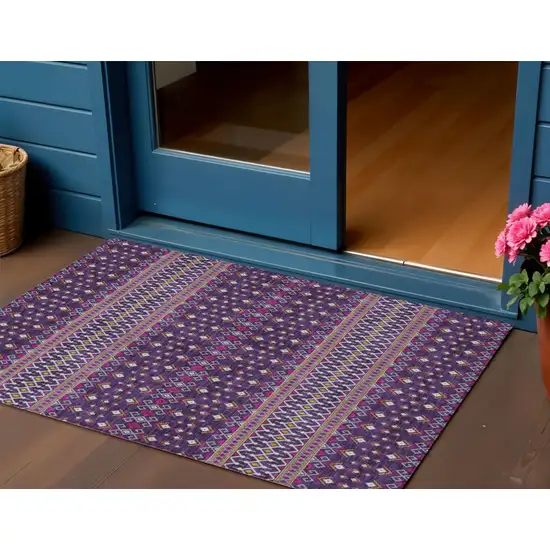 Purple Pink And Yellow Tribal Washable Indoor Outdoor Area Rug Photo 1