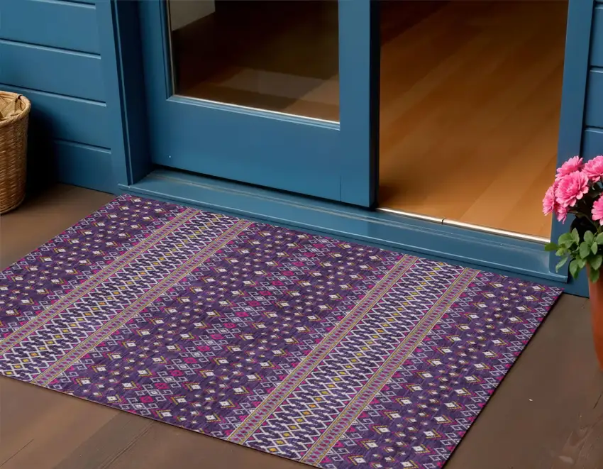 Purple Pink And Yellow Tribal Washable Indoor Outdoor Area Rug Photo 1