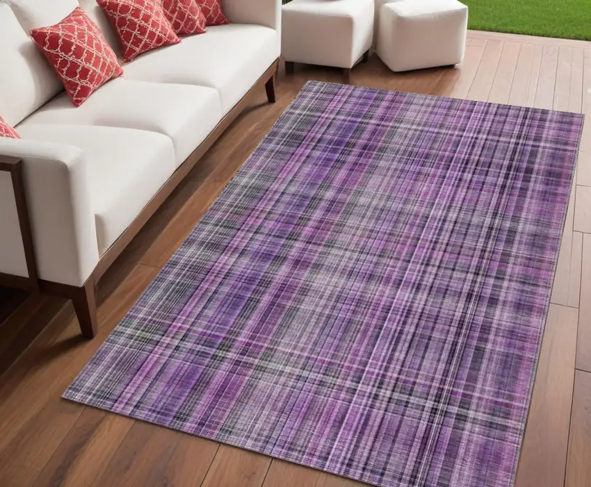 Purple and Gray Plaid Washable Non Skid Indoor Outdoor Area Rug Photo 1