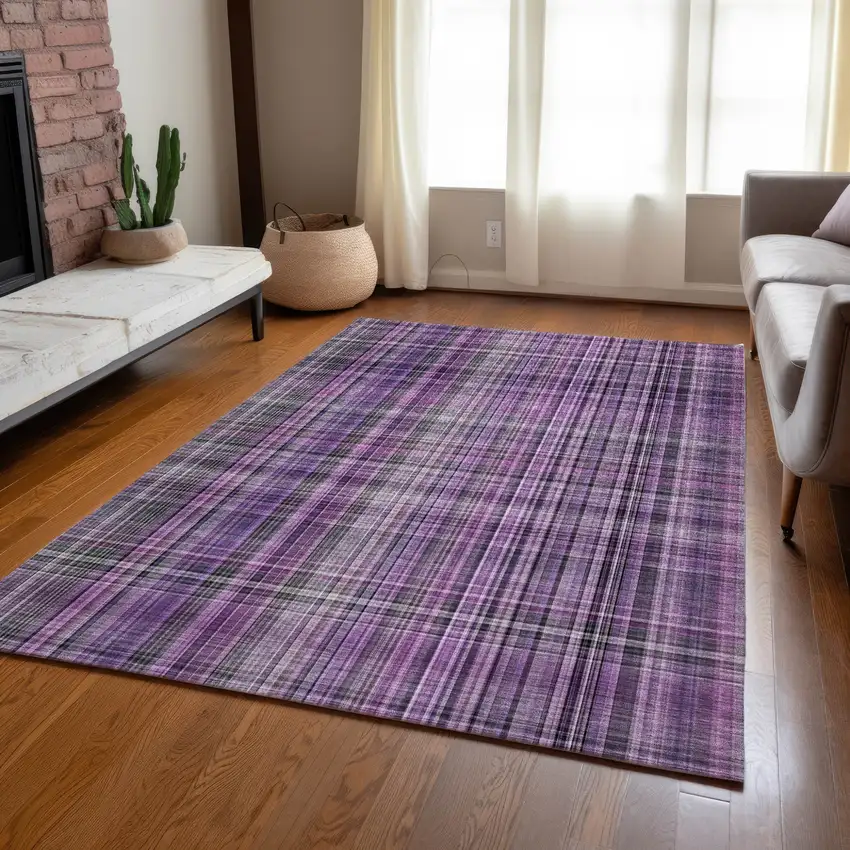 Purple Plaid Washable Non Skid Indoor Outdoor Area Rug Photo 9
