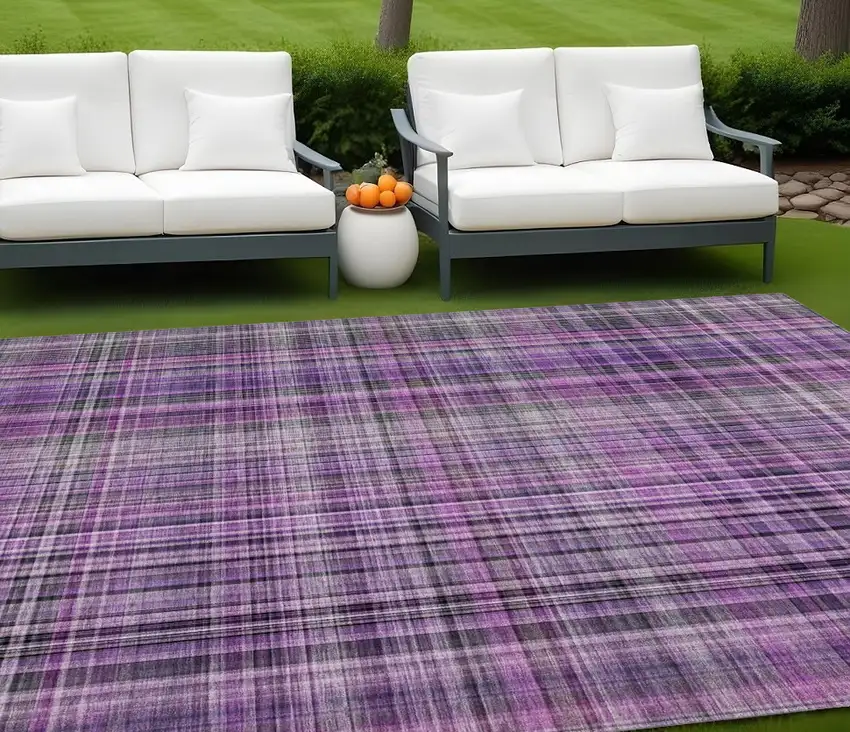 Purple and Gray Plaid Washable Non Skid Indoor Outdoor Area Rug Photo 1