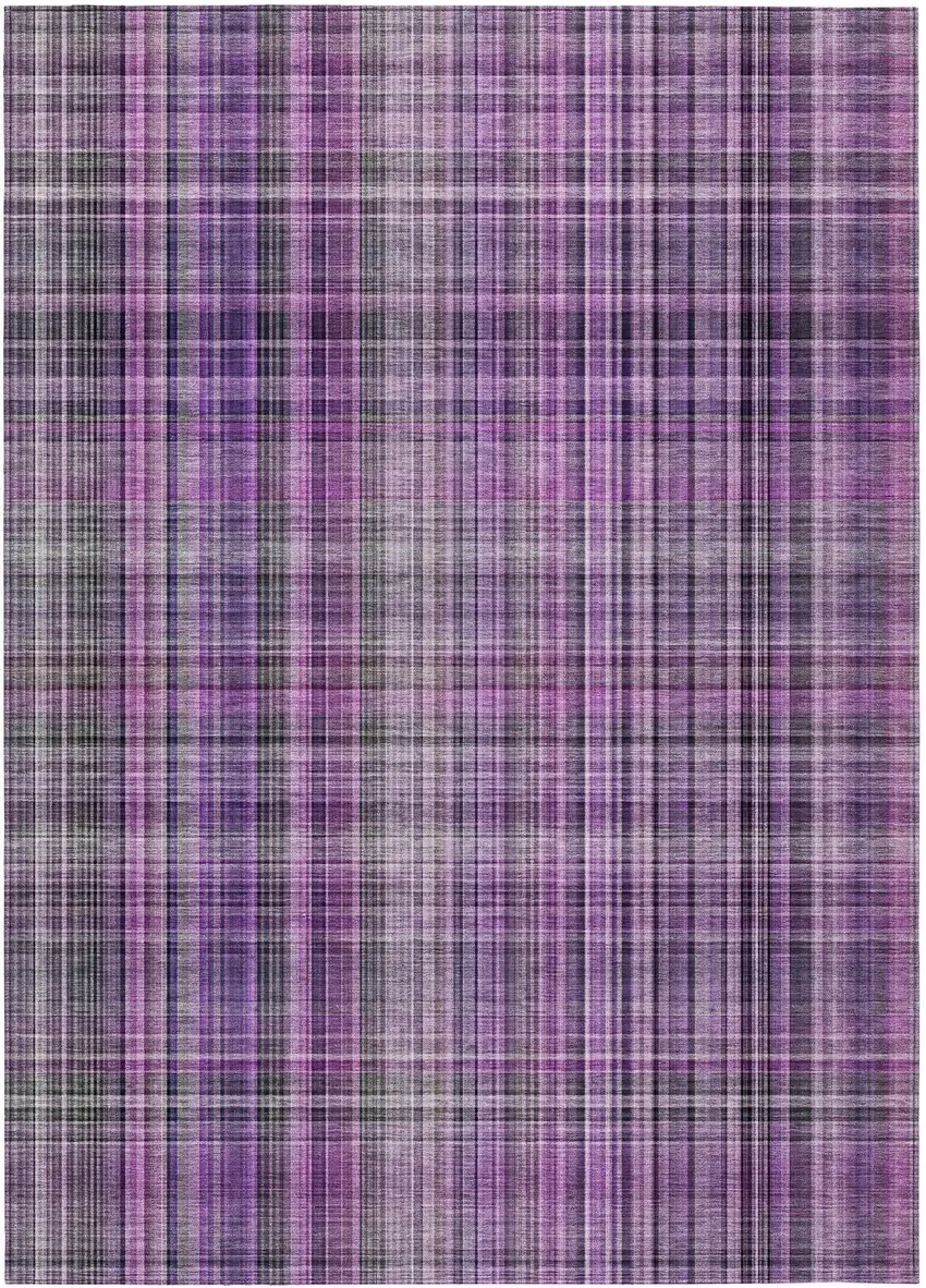 Purple and Gray Plaid Washable Non Skid Indoor Outdoor Area Rug Photo 2