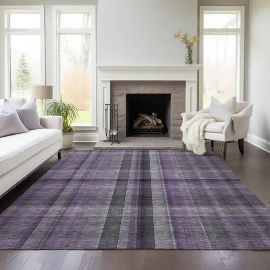 Purple Gray and Black Plaid Washable Non Skid Indoor Outdoor Area Rug Photo 8
