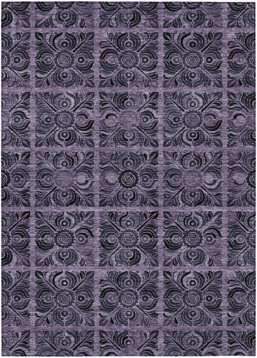 Purple Plum And Charcoal Medallion Washable Indoor Outdoor Area Rug Photo 2