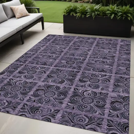 Purple Plum And Charcoal Medallion Washable Indoor Outdoor Area Rug Photo 1