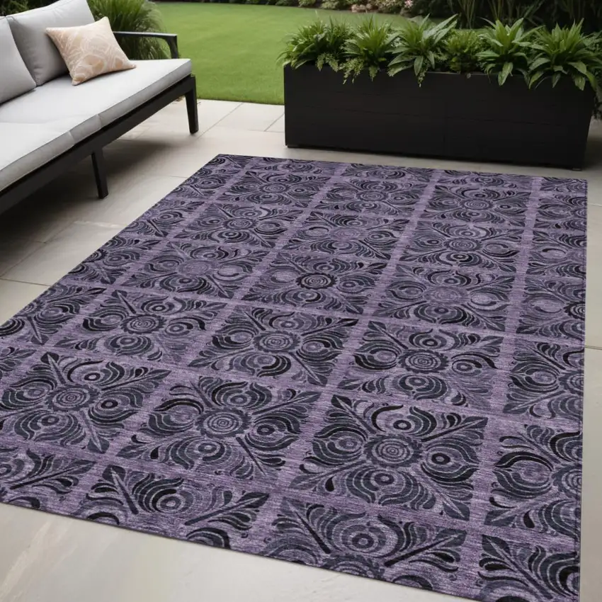 Purple Plum And Charcoal Medallion Washable Indoor Outdoor Area Rug Photo 1