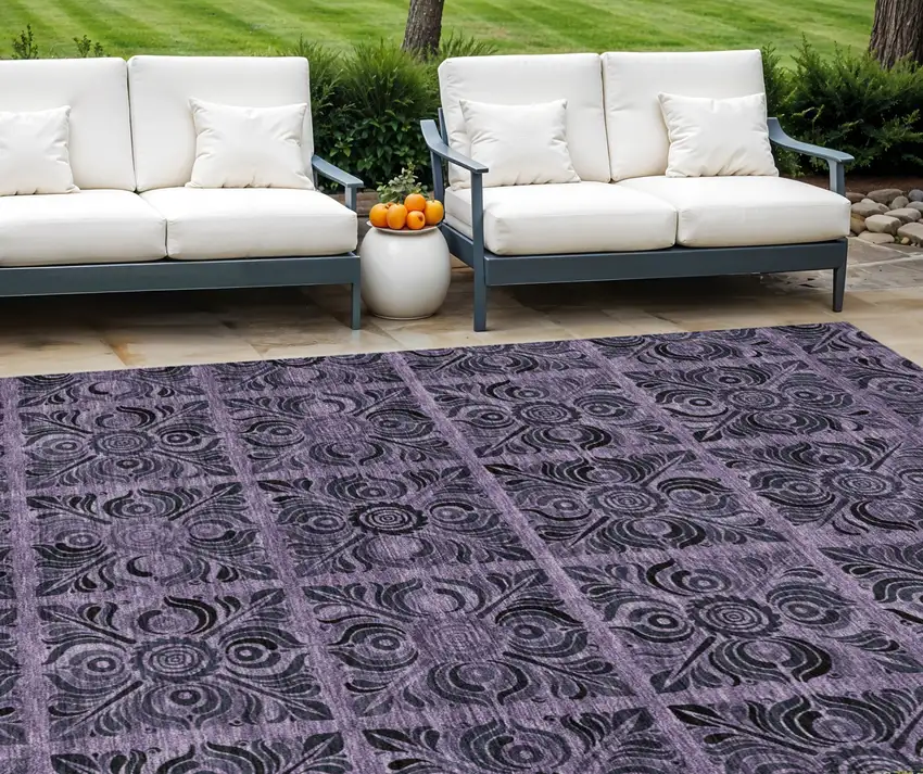 Purple Plum And Charcoal Medallion Washable Indoor Outdoor Area Rug Photo 1