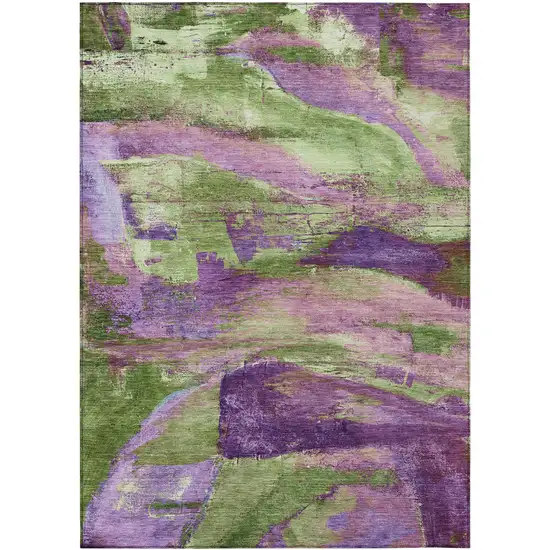 Purple Plum And Green Abstract Washable Indoor Outdoor Area Rug Photo 1