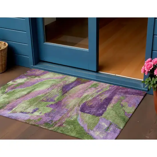 Purple Plum And Green Abstract Washable Indoor Outdoor Area Rug Photo 2