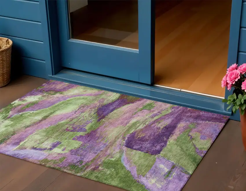 Purple Plum And Green Abstract Washable Indoor Outdoor Area Rug Photo 2