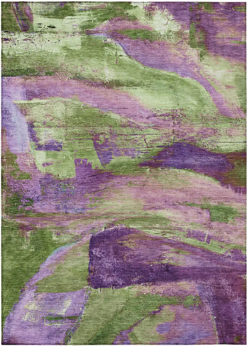 Purple Plum And Green Abstract Washable Indoor Outdoor Area Rug Photo 1