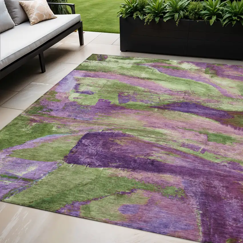 Purple Plum And Green Abstract Washable Indoor Outdoor Area Rug Photo 2