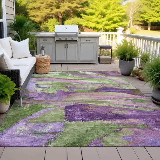 Purple Plum And Green Abstract Washable Indoor Outdoor Area Rug Photo 5